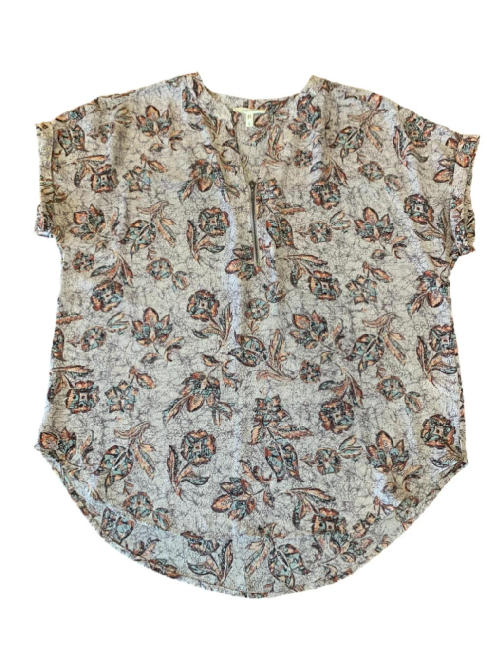 Maurices Floral Blouse Size S Grey Blue Brown Zip Neck